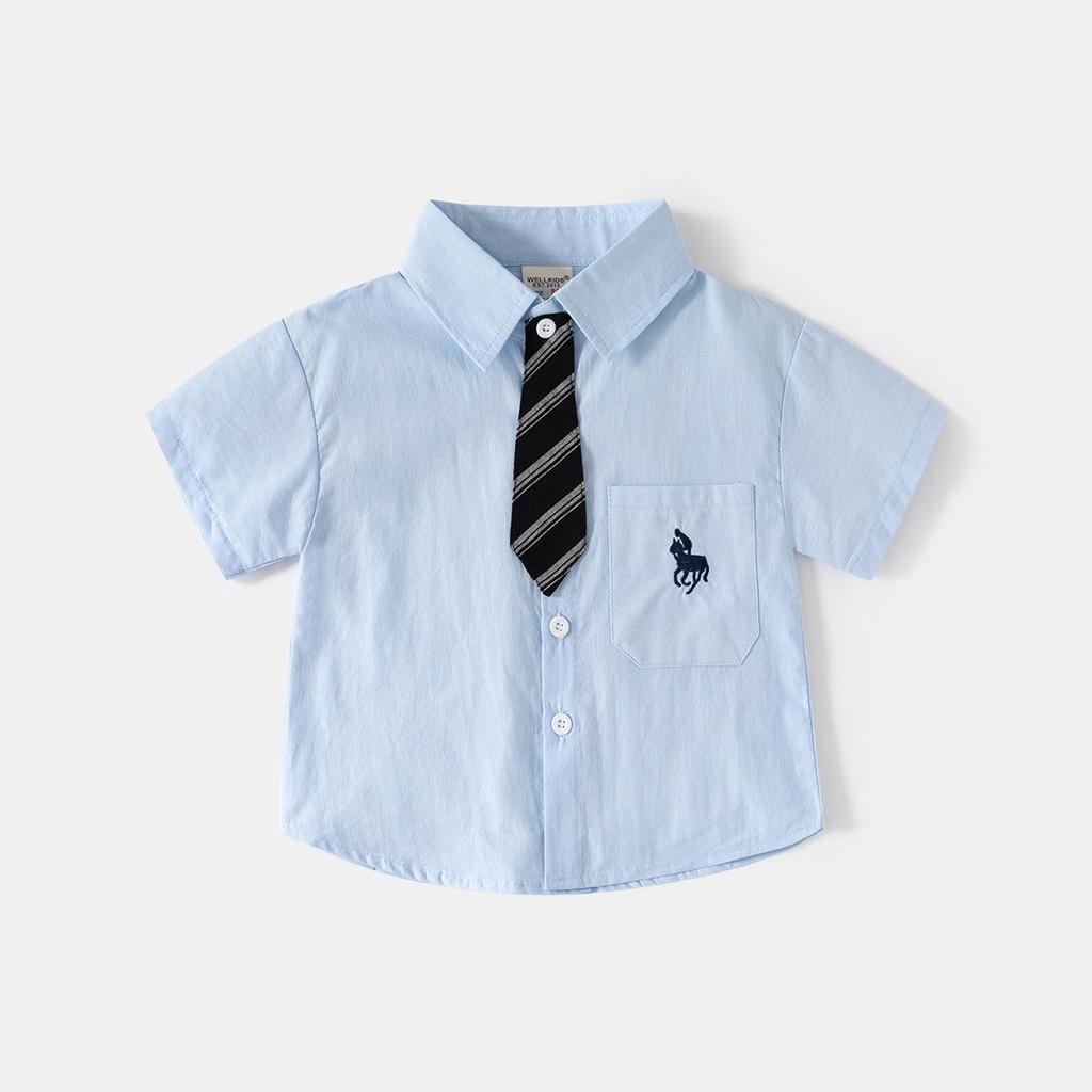 2026 Boys' Summer Short Sleeve Embroidered Shirt with Removable Tie