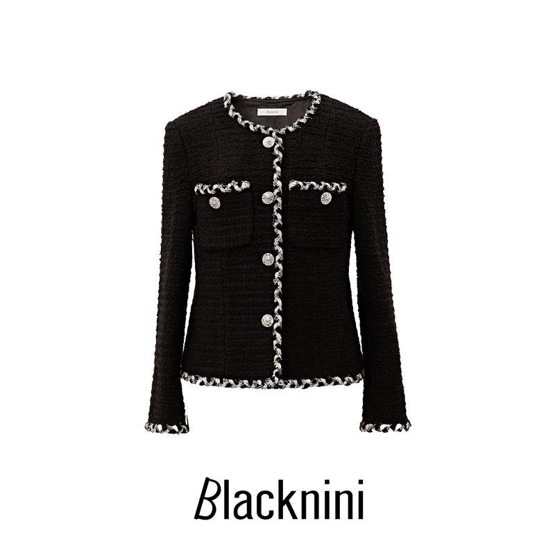 

Blacknini Yin Huafu/ Black Moonlight Cross Hand-Woven Diamond-Embedded Metal Buckle Fragrant Tweed Outwear Black S