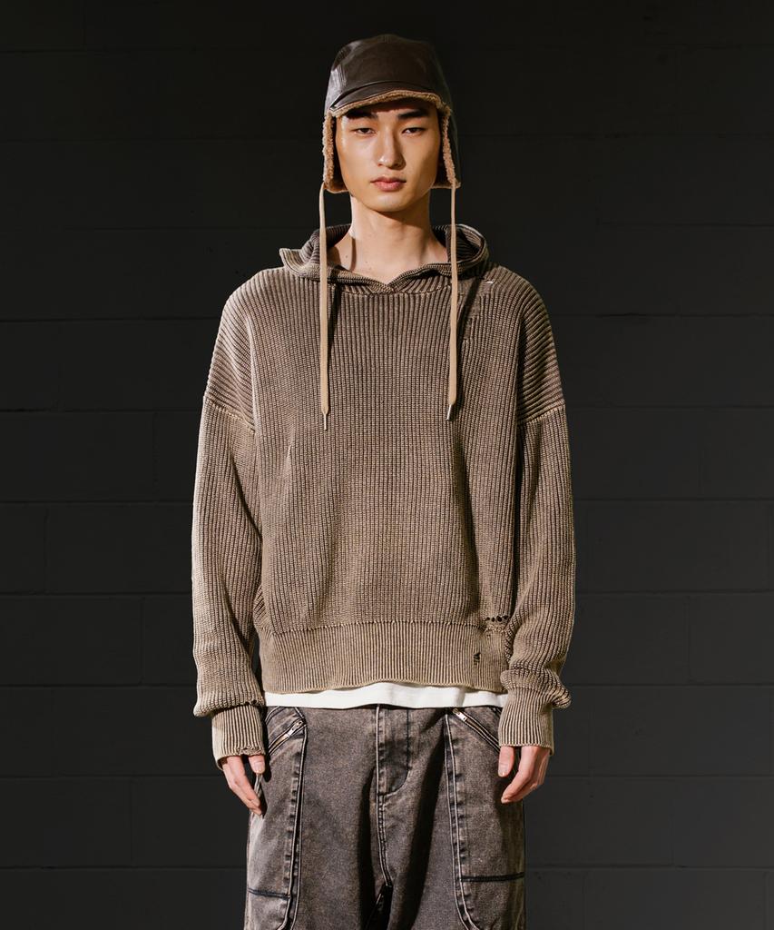 BIG UNION Dying Washed Knit Hoodie / Dark Brown