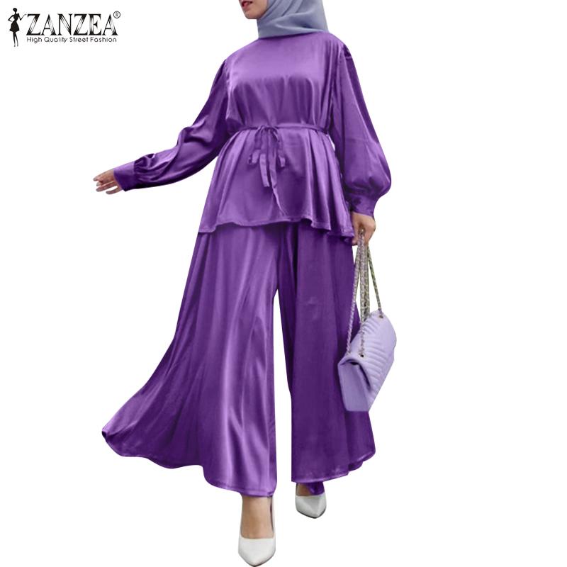 

ZANZEA Женские модные наряды Блузка с длинным рукавом и широкие брюки для ног Повседневный комплект костюма из двух частей
