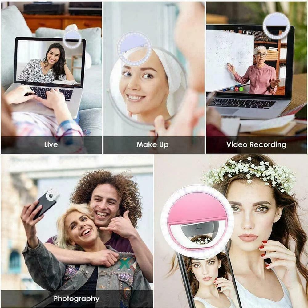 LED Light Ring USB Charging Led Selfie Fill Light Compatible with iPhone Samsung Xiaomi Mobile Phone Lens Ring Clip Selfie Lamp