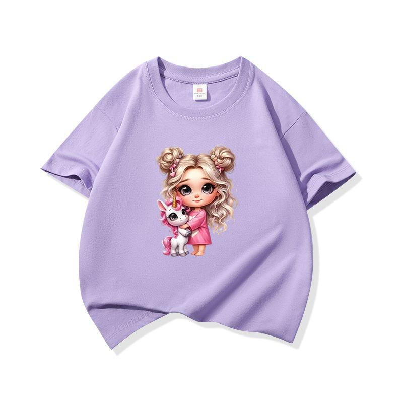 Kids Cotton T Shirt Girl With Pink Unicorn Print Crew Neck Short Sleeve Tee Casual Boys Girls Summer Tops