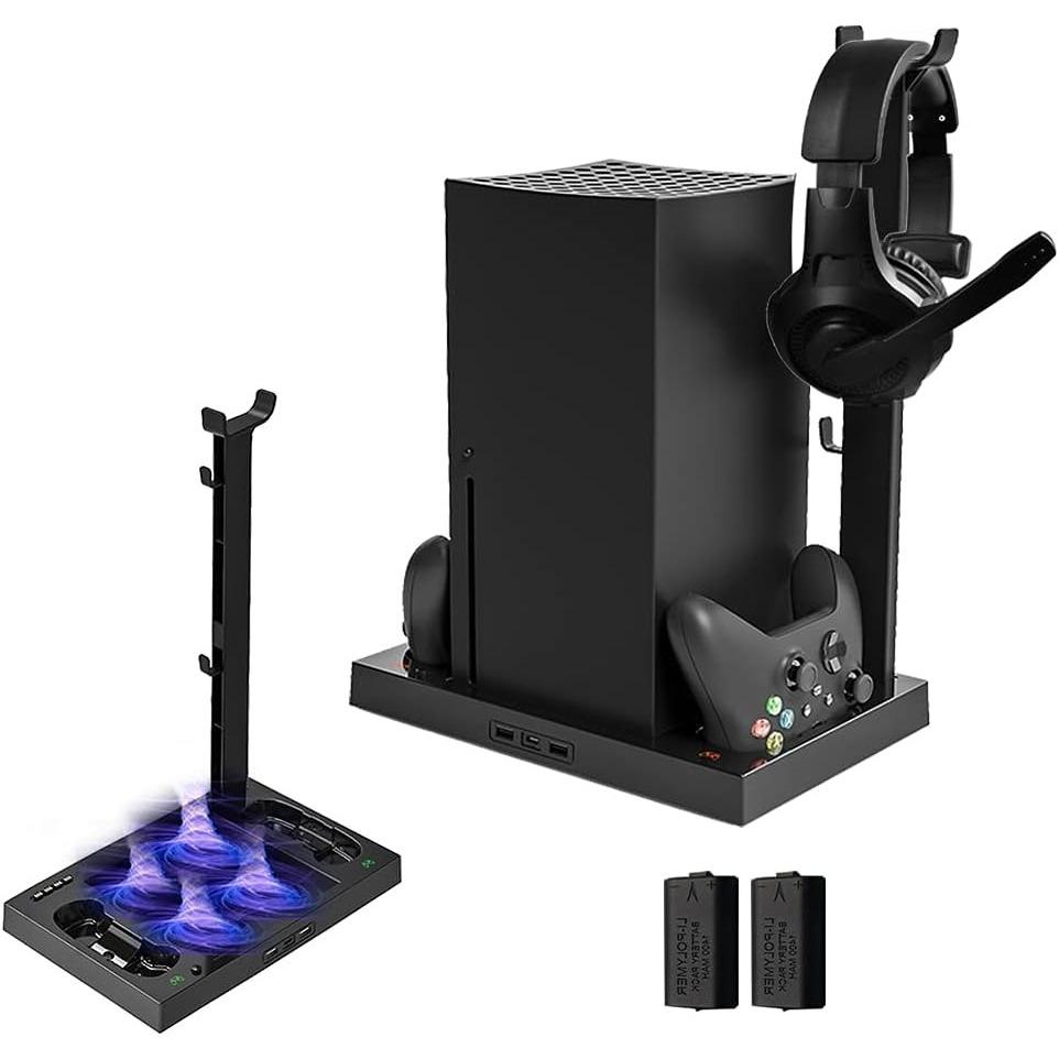 Suporte para Xbox Series X com ventoinha, estação de carregamento para dois controles com 4 ventoinhas de resfriamento, 1 suporte para fone de ouvido, pacote com 2 baterias recarregáveis de 1400 mAh