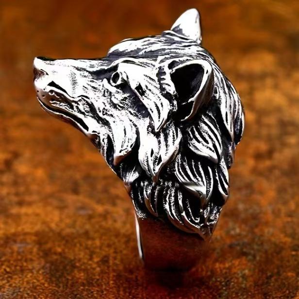 1 Vintage Wolfskopf Ring für Männer - Trendiger Tier-inspirierter, Übertriebener, Kräftiger, Hip-Hop Stil, Offener Ring black