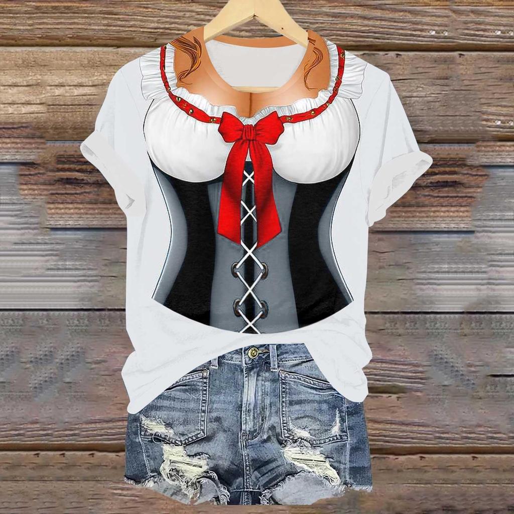 Womens Casual Pullover T Shirt Short Sleeve Round Neck Top Oktoberfest Beer Festival Print Tee Shirt