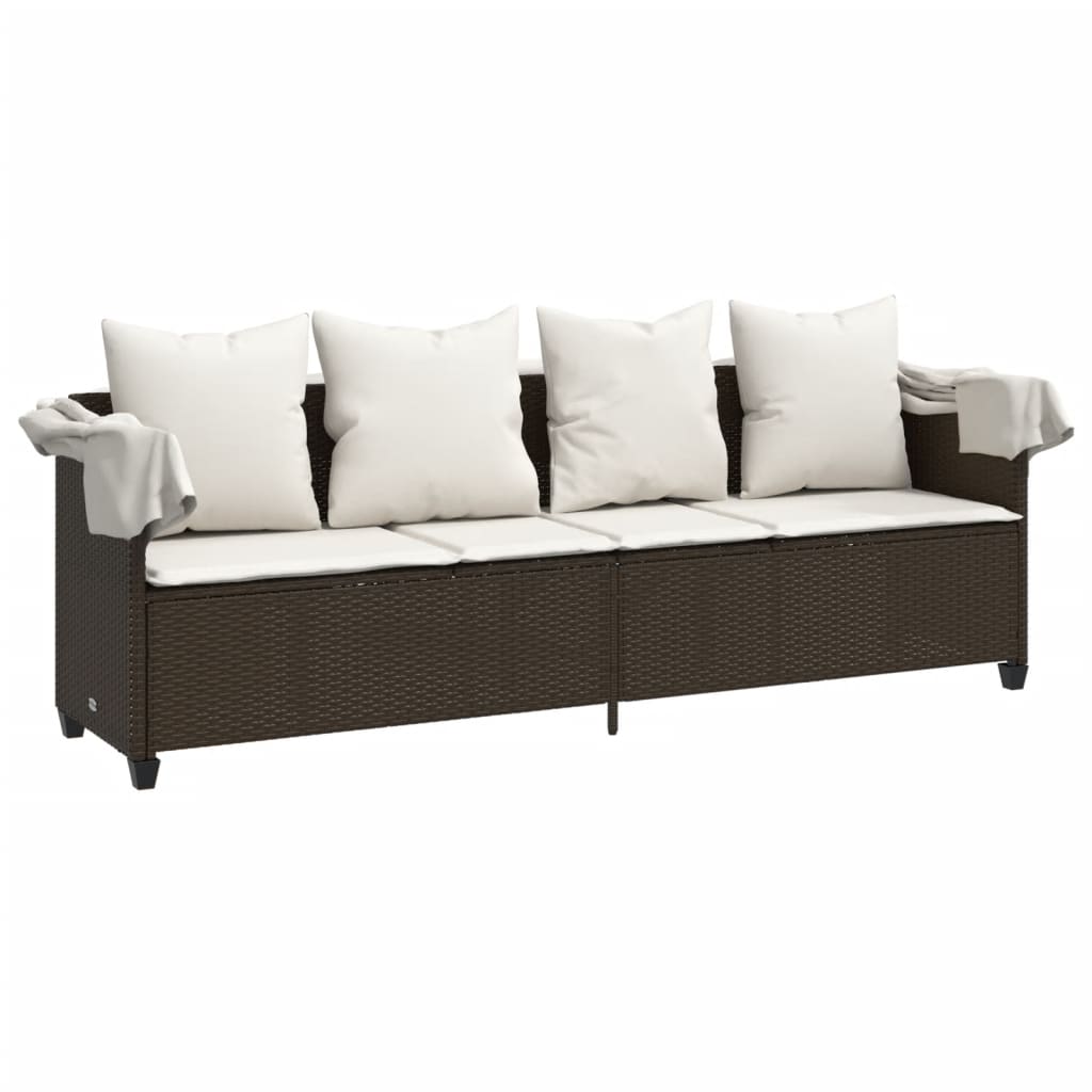 Sun Lounger with Canopy and Cushions Brown Poly Rattan