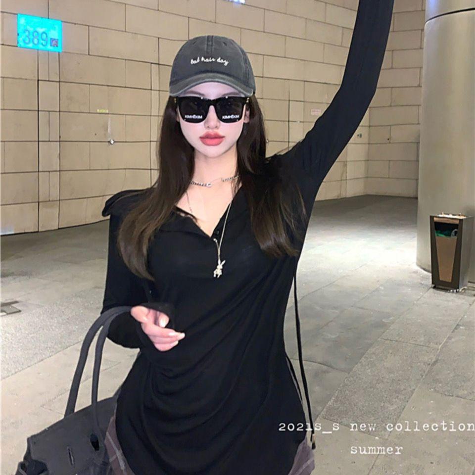 Ins Cienka, luźna koszulka z kapturem i długim rękawem Internet Celebrity Design Sznurowana na guziki z wysokim stanem