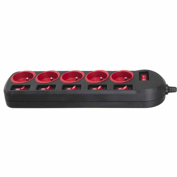 Bloc multiprises - Maclean Energy - 5 prises - Interrupteur lumineux - 1.5m - Noir/Rouge