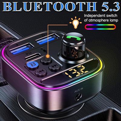 PD30W USB&Type-C Car Fast Charger,Hands Free Calling Bluetooth5.3 FM Transmitter with Colorful Atmosphere Light