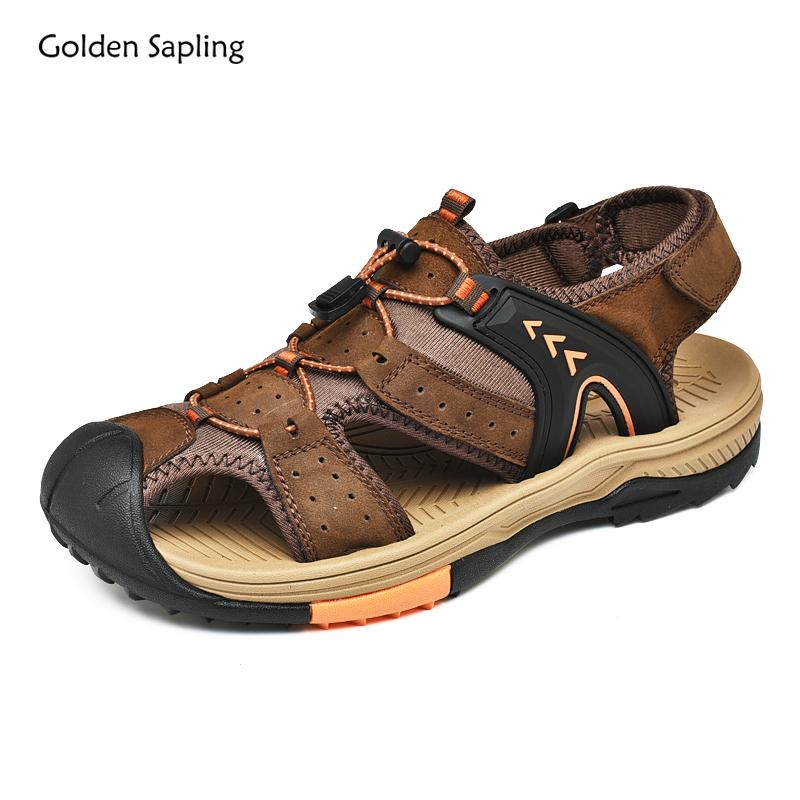 Fashion Golden Sapling Outdoor Men's Sandals Genuine Leather Flats Retro Mountain Trekking Footwear Classics Summer Beach Shoes for Men