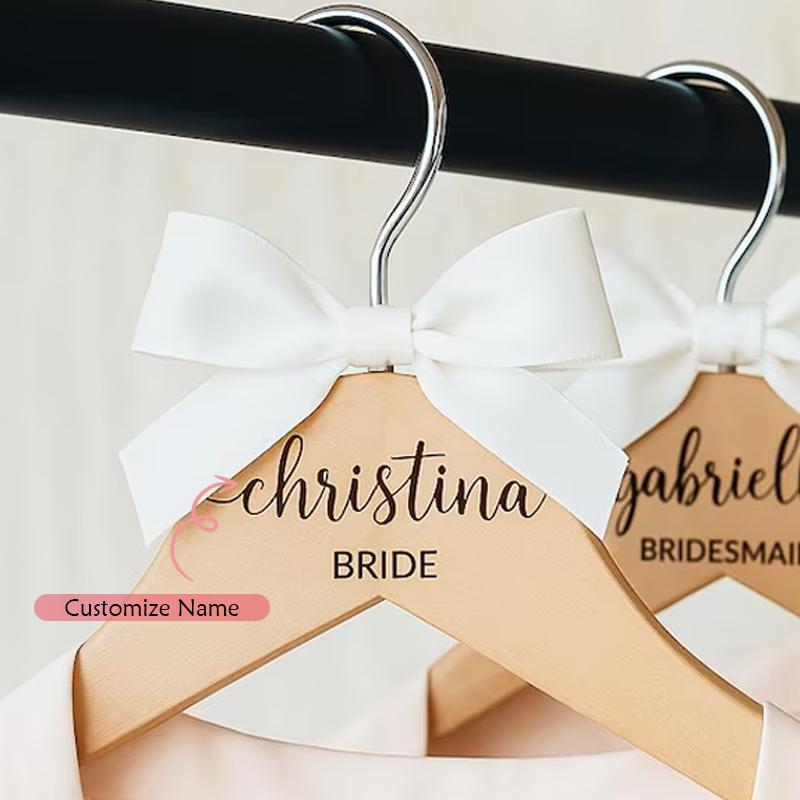 

Personalized Bride Bridesmaid White Bow Wooden Hangers Wedding Bridal Dress Hanger Bachelorette Party Bridal Shower Decorations