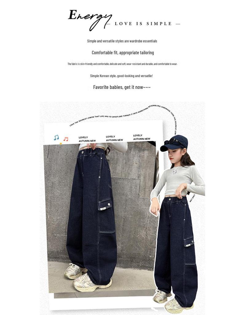 Girls' Autumn Casual Cargo Pants - Wide-Leg Denim Jeans for Kids