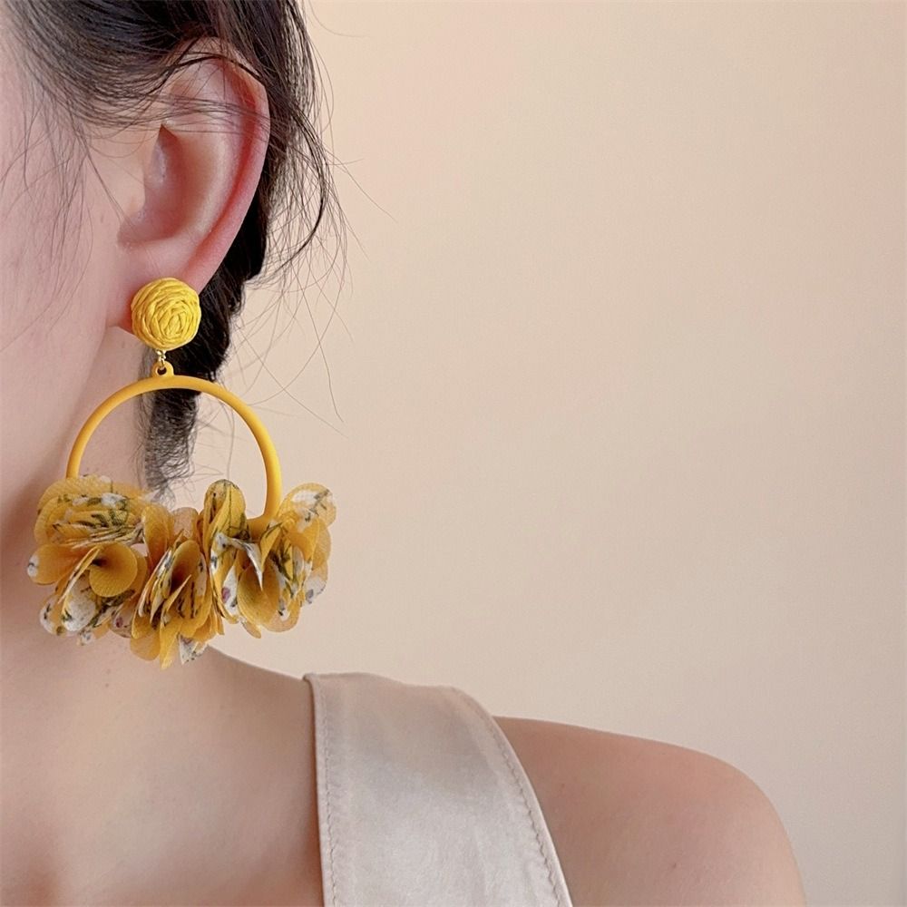 Sweet Fabric Flower Eardrop Round Hollow Exaggerated Earrings Elegant Drop Earrings  Women