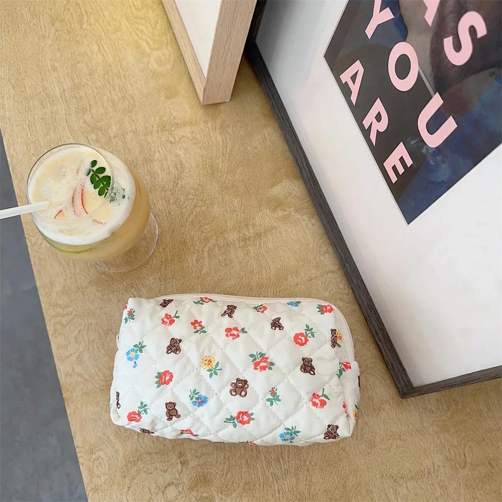 1 Piece Ins Sweet Pencil Case for Student Cartoon Bear Floral Bunny Makeup Bag Portable Large Capacity Stationery Storage Bag