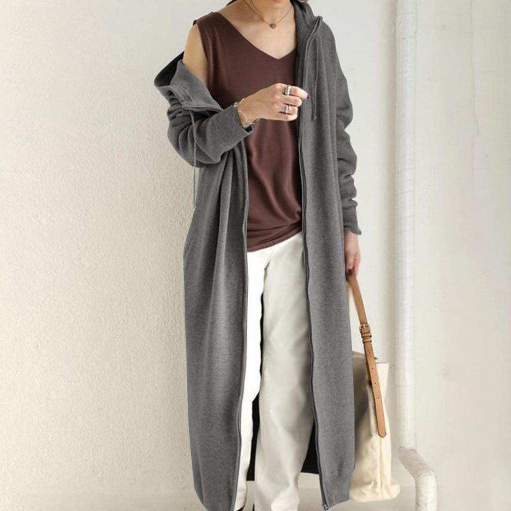 Damen Plus Size Einfarbige Kapuzen-Reißverschluss-Langarm-Sweatshirt-Kleid mit Fleecefutter Lässige Langarm-Sportjacke