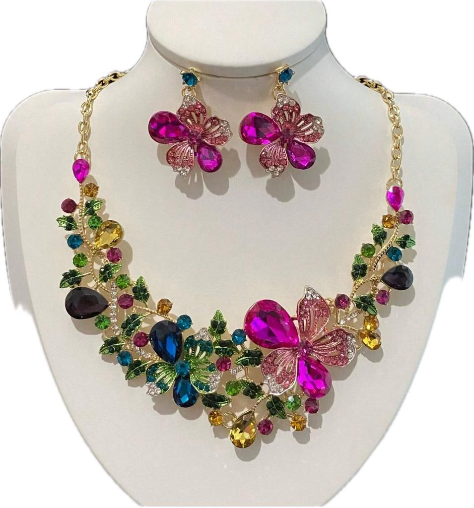 Flower Necklace And Earrings Set - Bridal Dress Accessory For Bridesmaid At Wedding Banquet
