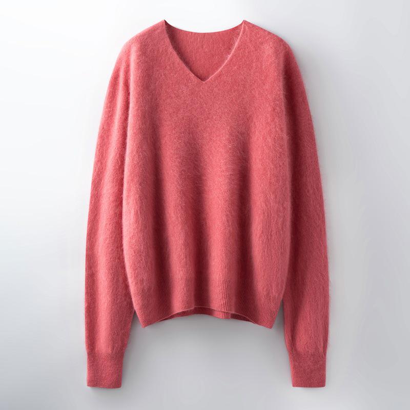 V-Neck Wool Cashmere Loose Brushed Sweater - Solid Color, Versatile, and Skin-Friendly Knitwear