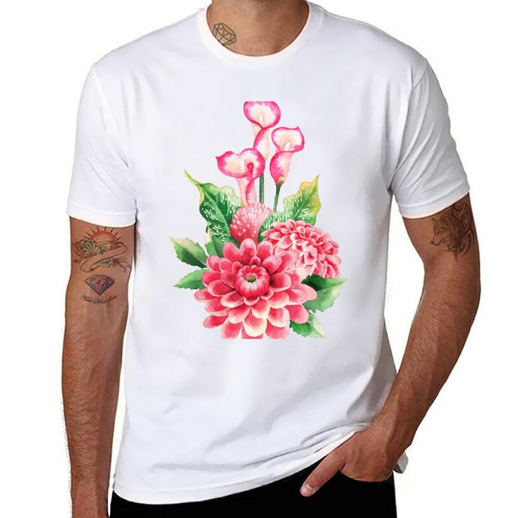 Watercolor bouquet of dahlia and calla lily flowers TShirt Plus Size Street Style Tee