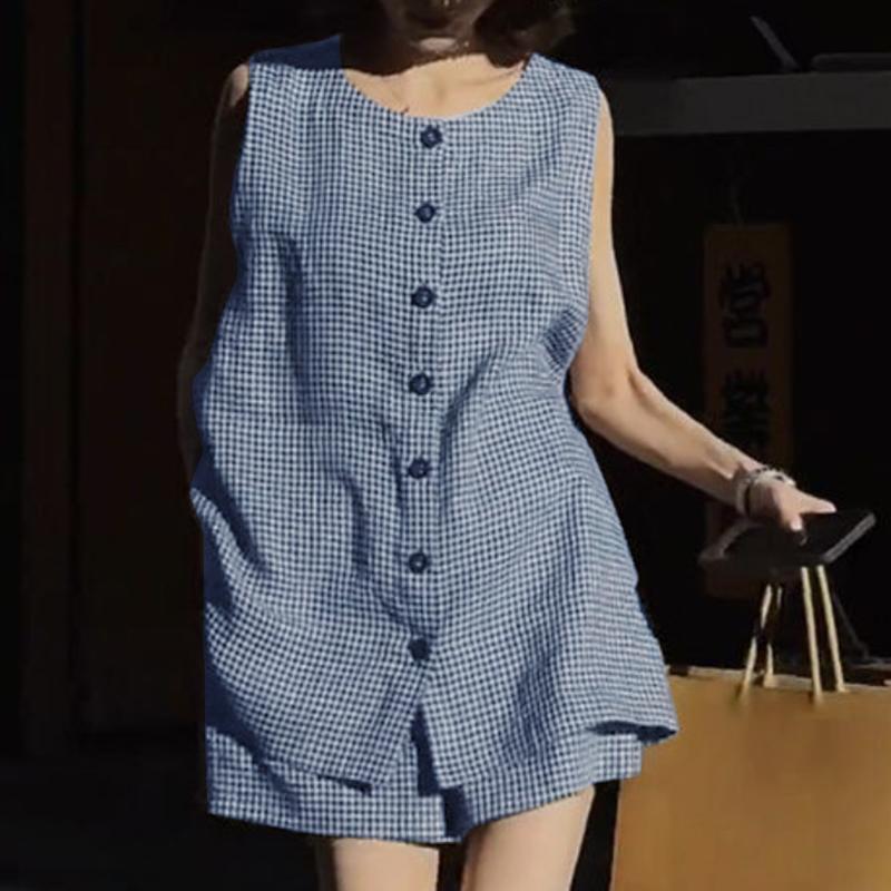 ZANZEA Women Sleeveless Vest and Shorts Summer Plaid Print Two Piece Suit Sets