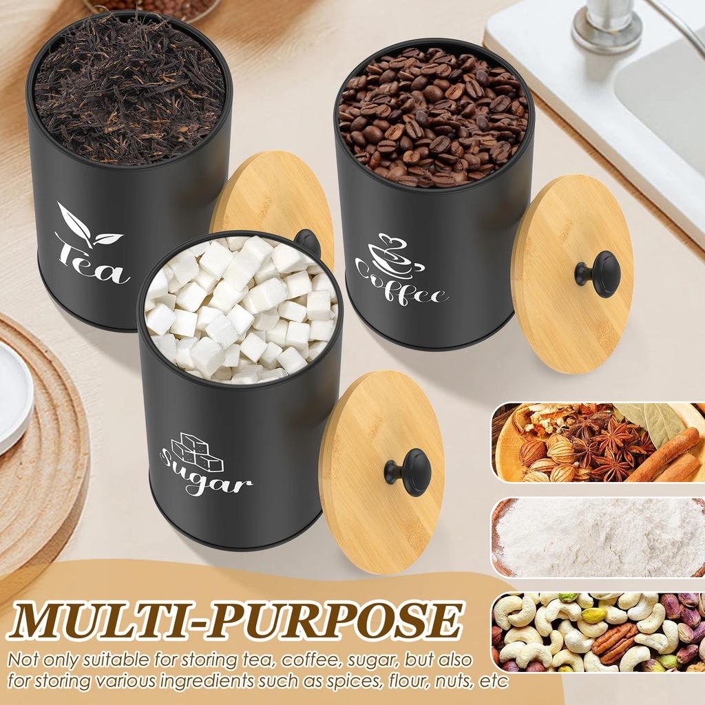 3 st kaffebönor förvaringsburk metallbehållare set med lufttätt bambulock lufttät te kaffe behållare burk för köksbänk