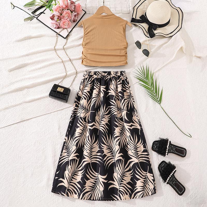 Girls' Casual Set, Autumn Children's Vest Top, Fashionable Printed Skirt
