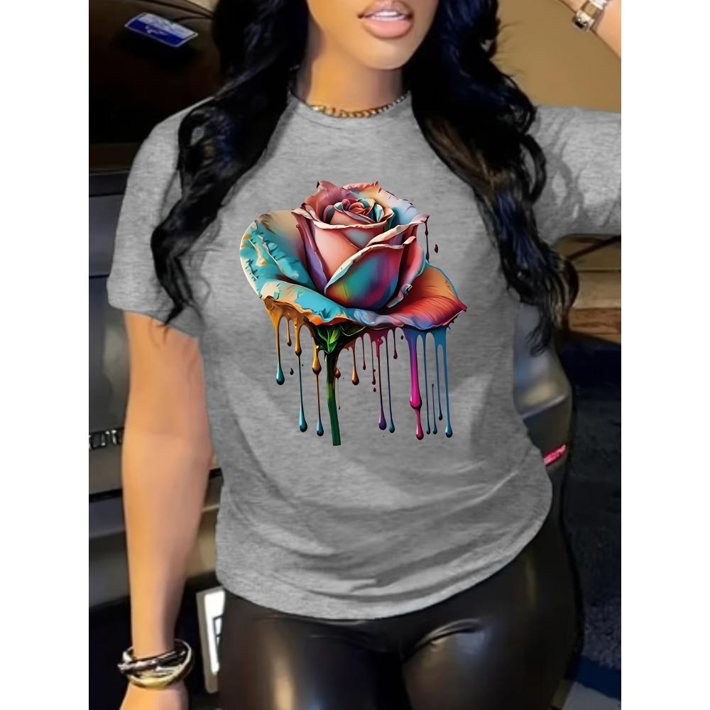 Colorful Drip Rose Women's Tee - Vibrant Artistic Floral Graphic, Stylish Print for Casual Daily Wear
