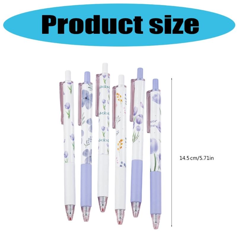 6Pcs Flower Print Gel Pen 0.5MM Tip Quick Dry Ergonomic Grip Retractable Gel Pen Office Supplies for Writing Journaling