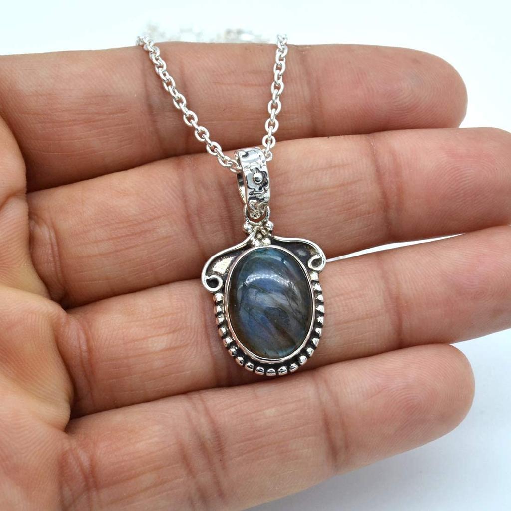 Natürliche Labradorit-Halskette aus 925er Sterlingsilber, lange Kette in Silberdesign, lange Halskette für Frauen