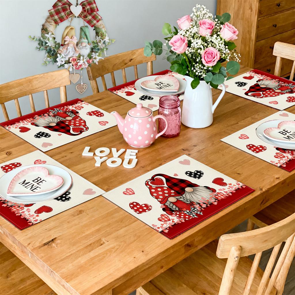 1-Set Gnome Couple Placemats - Buffalo Plaid & Polka Dots with Hearts & Bows, Hand Washable Table Mats Suitable for Valentine's Day