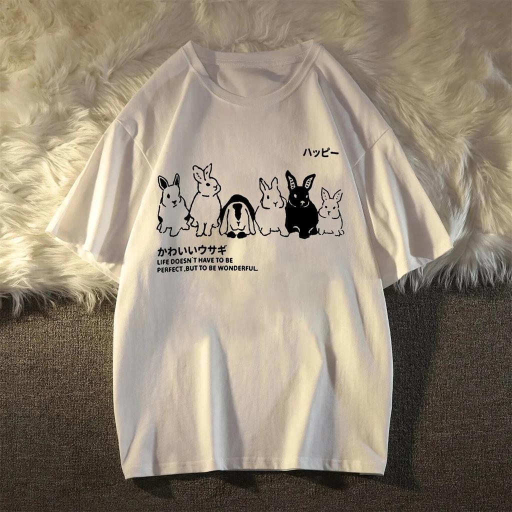 Japanese Cute Rabbit Pattern Women Summer Short Sleeve Shirt Summer CasualStreetwear Lady Clothes Tee Printing Top