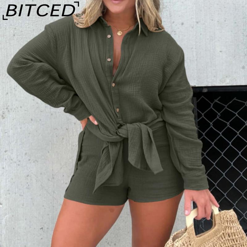 BITCED חולצת נשים שרוול ארוך מבד מקומט סט שני חלקים אופנתי קז'ואל מכנסיים קצרים מותן גבוה