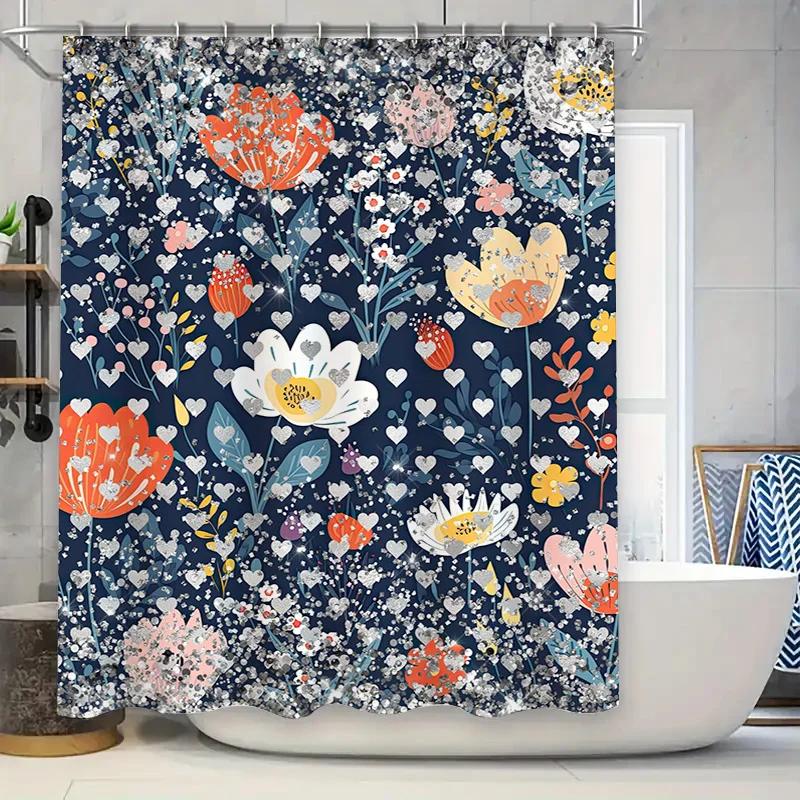 

Riveting Floral Shower Curtain Bold Beautiful Home Decor Navy Blue Bath Rug Set For Bathroom Decoration One Size Fits All! W60H190(CM)-1 Pcs