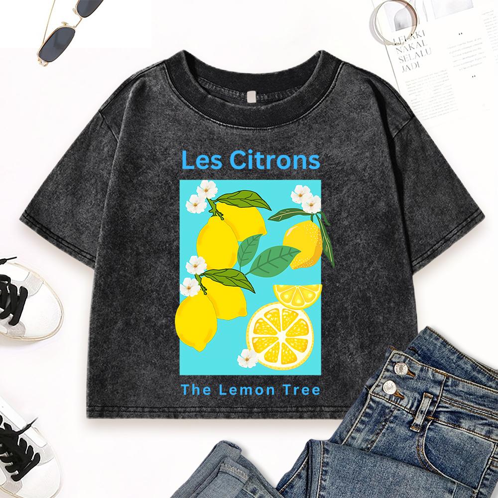 The Lemon Tree Les Citrons Print Women Washed T-Shirt Street Cotton Top Vintage Clothes Summer O-Neck Short Sleeve