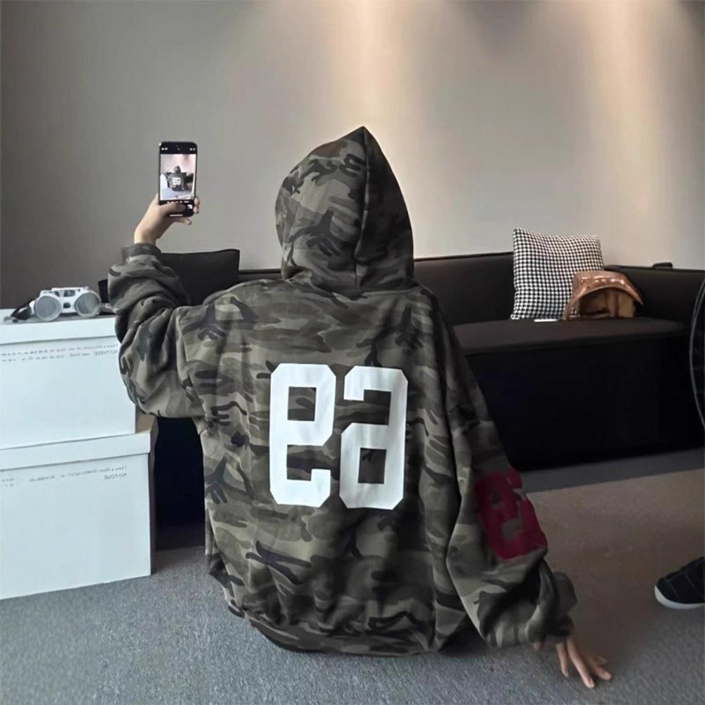 Camouflage Letter Printed Hooded Sweater Men's Autumn Coat Retro Couple Cardigan