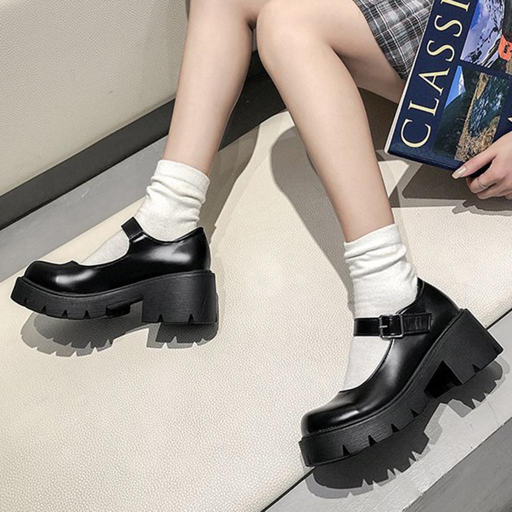 Mujeres moda casual vintage plataforma tacones gruesos zapatos de cuero  negro comprar a buen precio — entrega gratuita, reseñas reales con fotos —  Joom