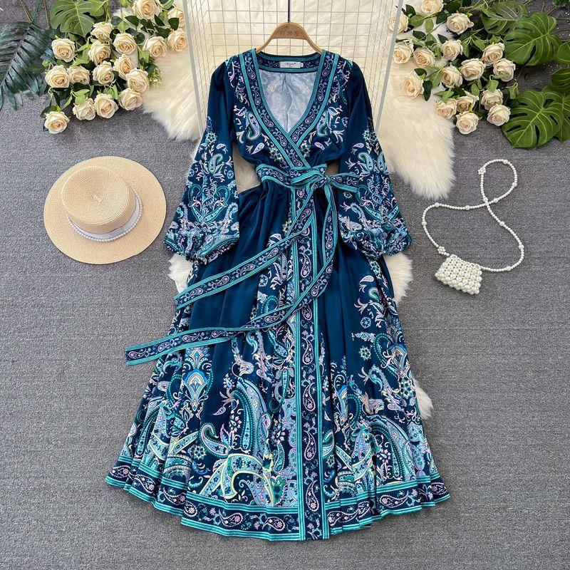 

Retro Long Sleeves Waist-Controlled Lace-up Elegance Print Dress Navy blue L