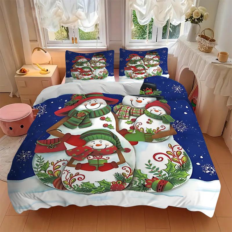 3pcs Christmas Snowman Family Decorative Bedding Set, Includes One Quilt Cover and Two Pillowcases (No Core), Gift for Home Décor, Anime Cartoon