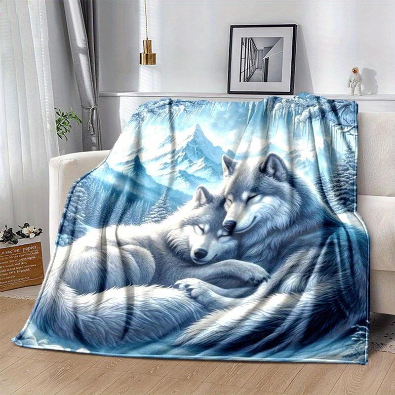 1pc Wolf Printing Lightweight Flannel Blanket, Comfortable and Warm Blanket, for Camping Sofa Bed and Couch Office, in All Seasons