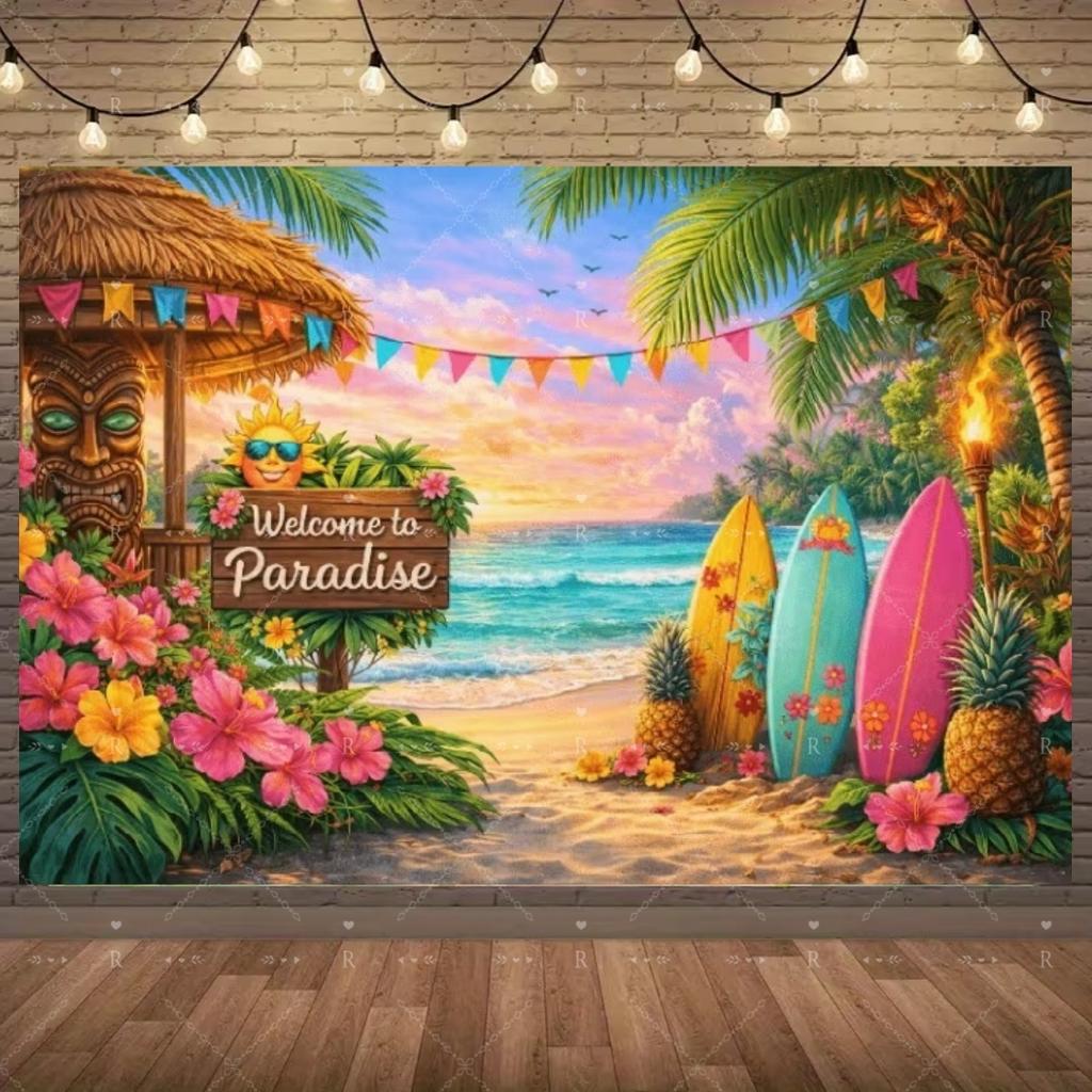 Summer Beach Holiday Party Decoration Backdrop Sunshine Flamingo Ocean Surfboard Portrait Photography Background Props Banner