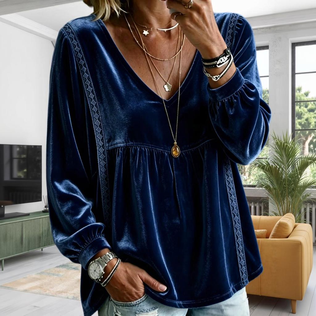 Women's V-Neck Lace Long Sleeve Blouse - Color Loose Fit Top for Everyday Wear