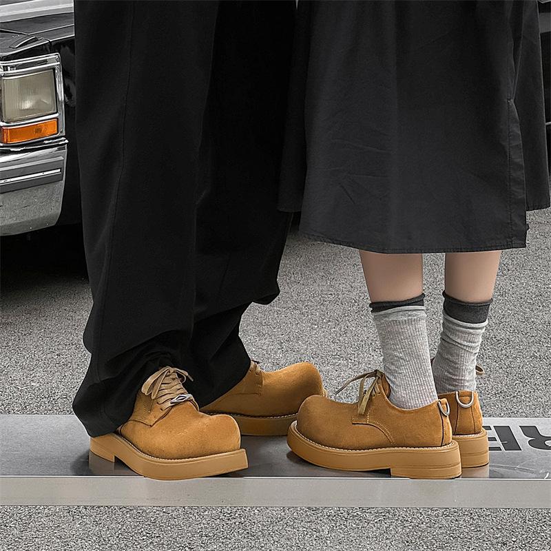 Big Round Toe Women's Casual Shoes High Quality Brown Nubuck Leather Thick Bottom Show Women Men Leather Shoes 44 45 46