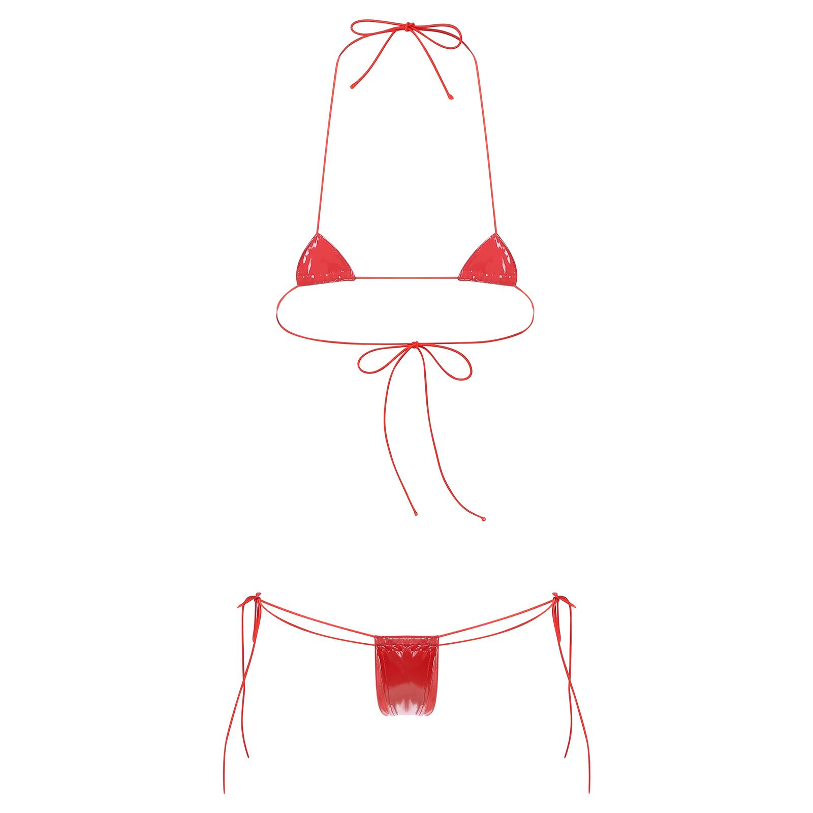 

Жіночий комплект бікіні Wet Look Halter з блискучими мікро-стрінгами та регульованим бюстгальтером зі шнурівкою One Size