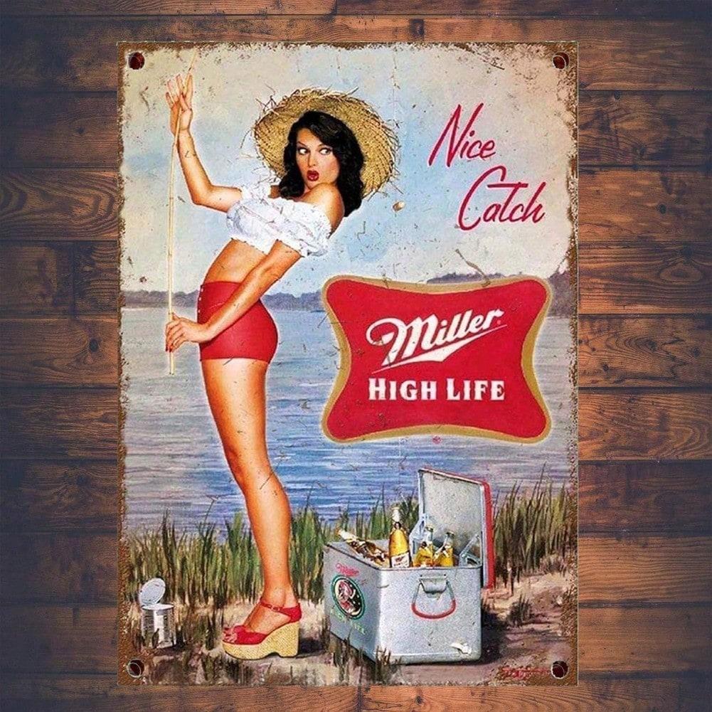 Vintage Metal Tin Sign Pin Up Girl Beer Bar Wall Art 8x12 Inch Home Decor