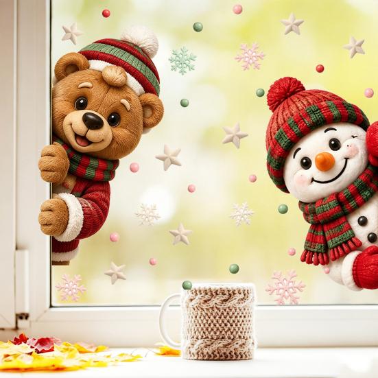 Christmas Window Clings 2Pcs Clings, Cute Bear Snowman Static Decals, 16" X Cling Decals 12" Removable Festive Stickers for Glass Doors Home