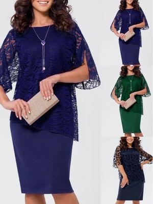 Europäisches & Amerikanisches Stilvolles Spitzen-Zweiteiler-Illusionkleid mit Umhang & Schlankmachendem Mesh