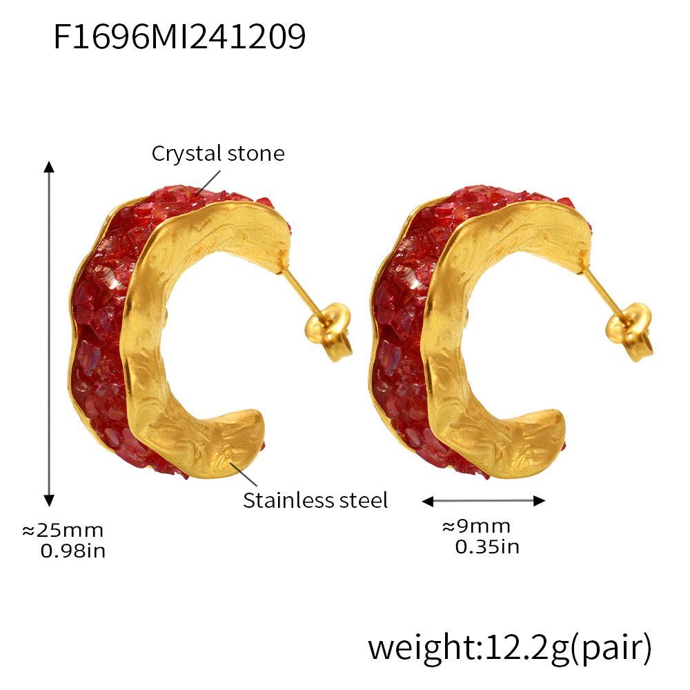 Qiong Yao Stainless Steel Crystal Stone C-shaped Earrings: European & American Style, Shiny Crystal PVD Gold Plated Luxurious Temperament