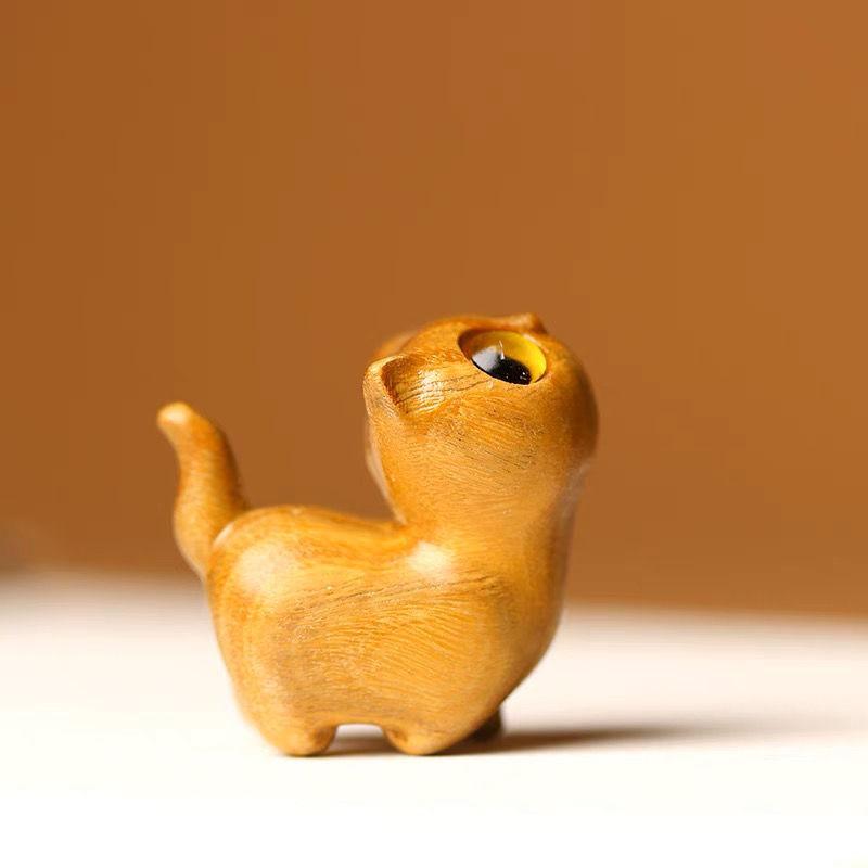 Cute Small Wooden Lucky Cat Figure 1.4" Green Sandalwood Carved Cat Figurine Desk Accessories For Home Decor Parts Gifts