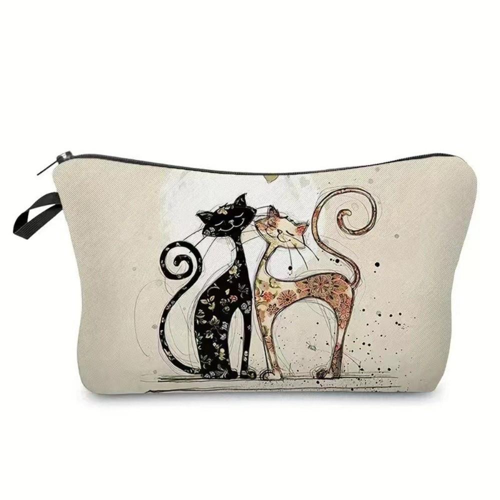 Cute Black Cat Print Cosmetic Bag Large Capacity Polyester Makeup Organizer Portable with Zipper Tarvel Storage Bag