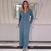 2024 Autumn Women's V-Neck Slim-Fit Knitted Long Dress with Metal Buttons