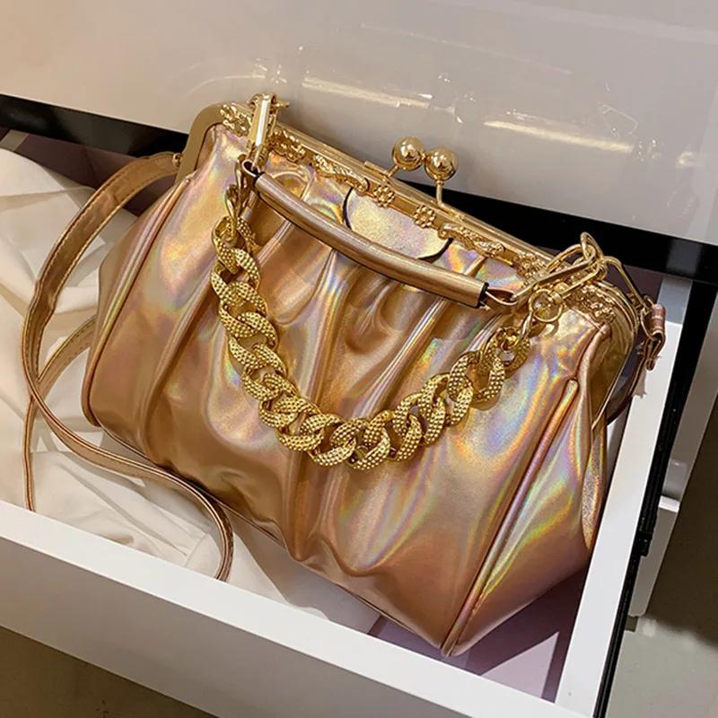 PU Leather Shoulder Bag for Women Kiss Lock Shell Clip Female Handbags Ruched Crossbody Bag Silver Blue Green